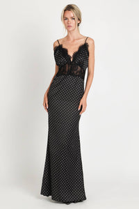 Polka Dot Lace Trim Satin Slip Maxi Dress