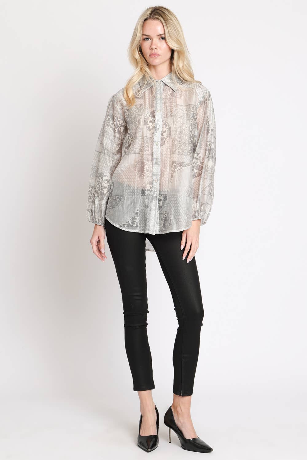 Multi-Print Sheer Button Up Shirt