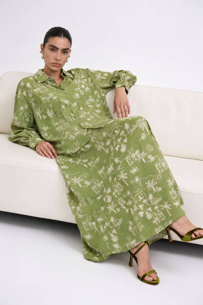 Coastal Illustrated Button Front Long Sleeve Blouse