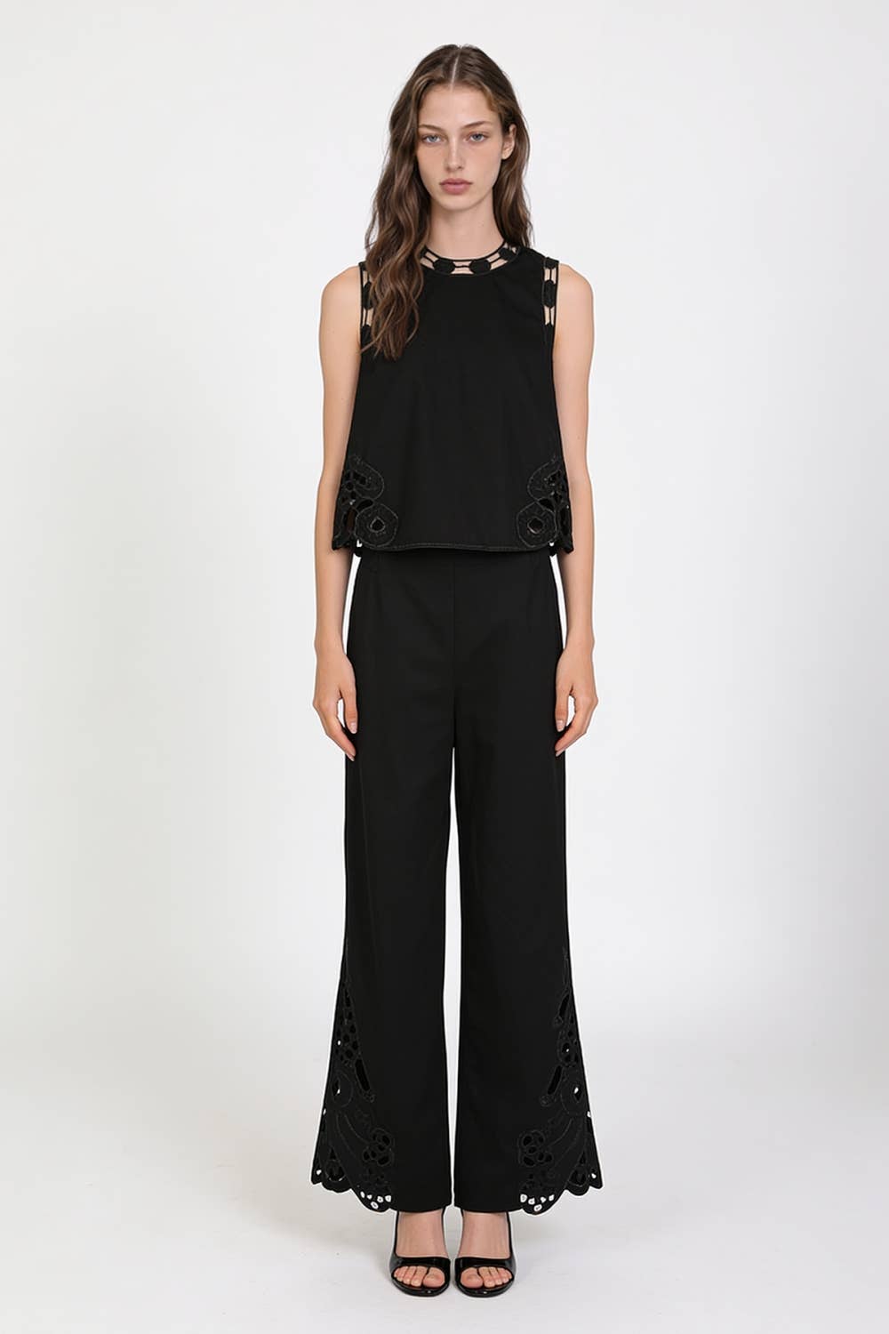Cutout Eyelet Sleeveless Top And Wide Leg Pants Set