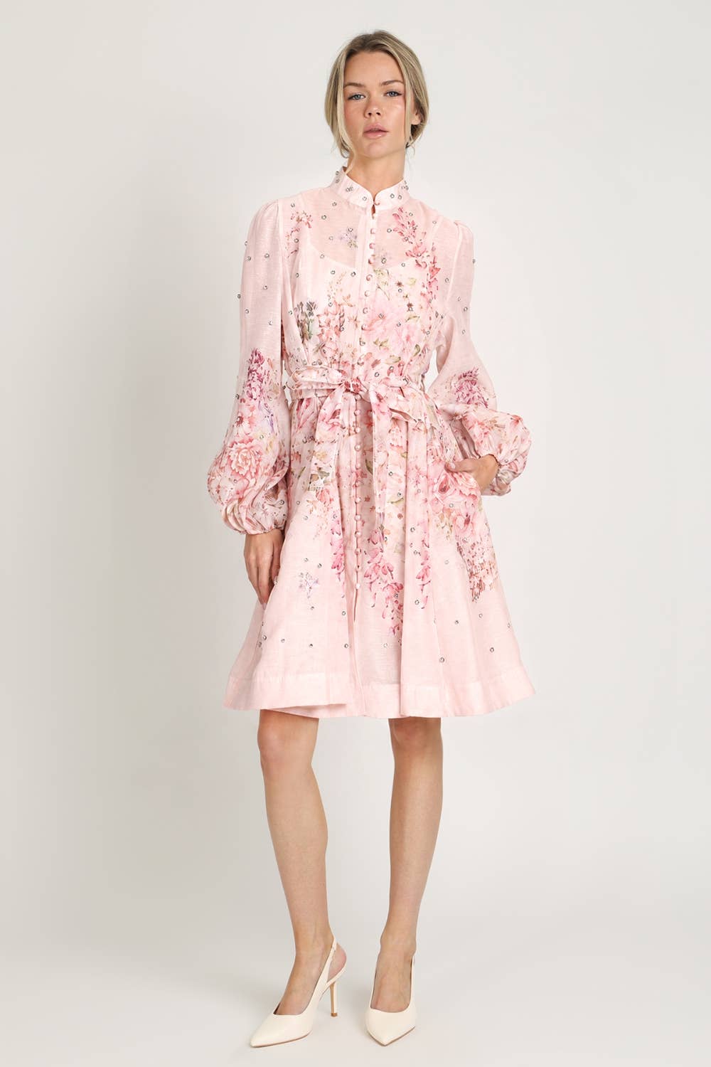 Floral Print Studded Mini Sheer Dress