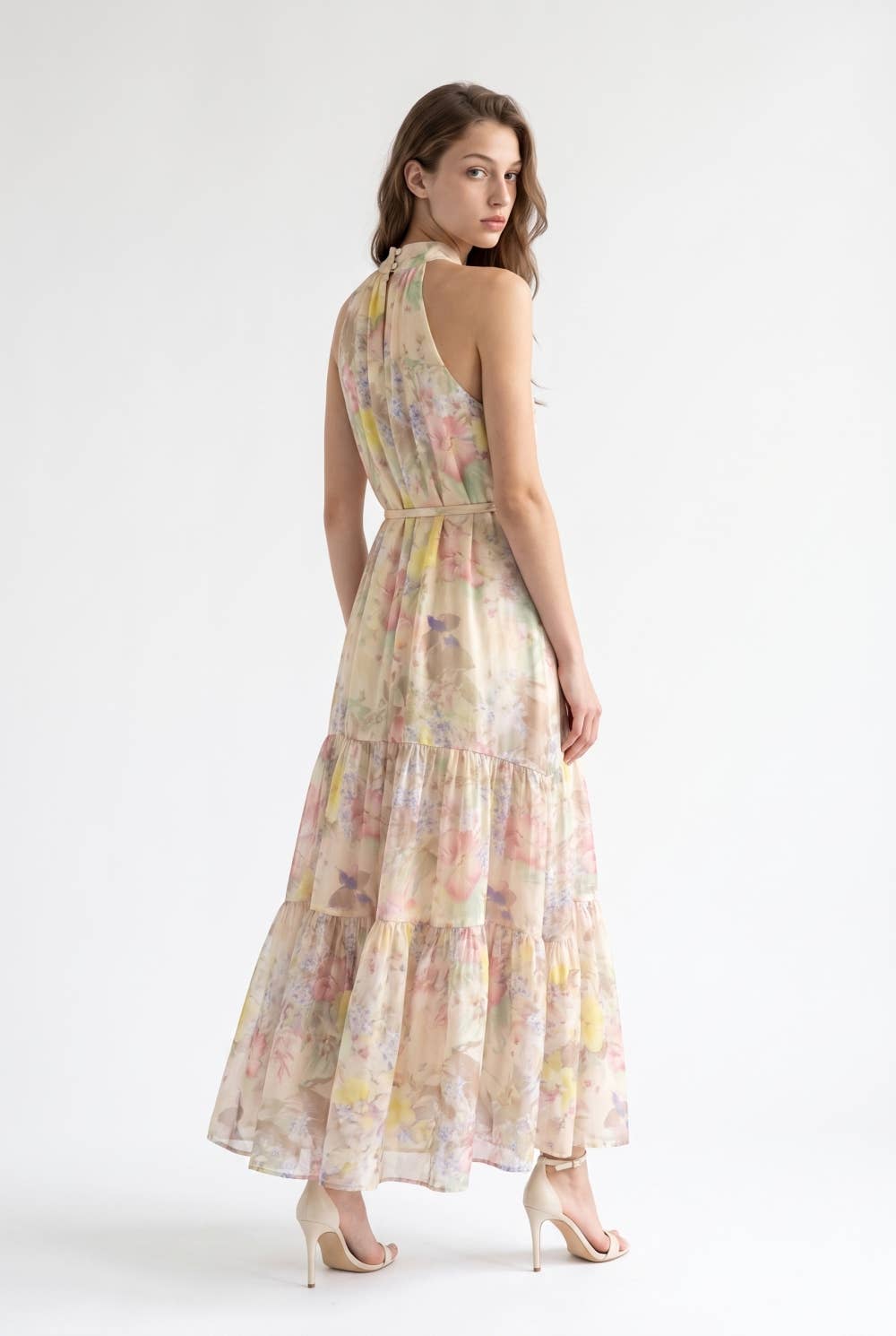 Watercolor Floral Halter Neck Belted Maxi Dress