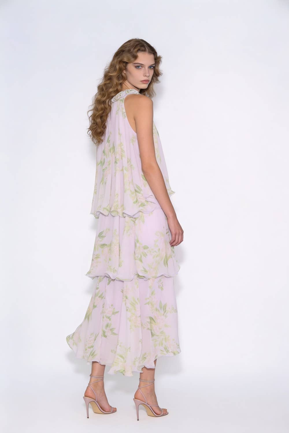 Rosette Neckline Floral Tiered Maxi Dress
