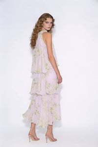 Rosette Neckline Floral Tiered Maxi Dress