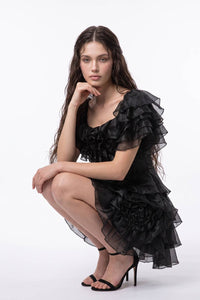 Rosette Applique Cascading Ruffle Mini Dress