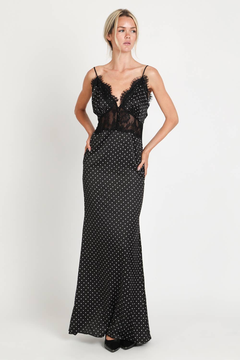 Polka Dot Lace Trim Satin Slip Maxi Dress