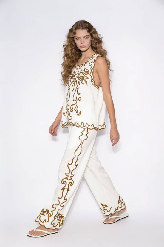 Embroidered Scalloped Wide Leg Trousers