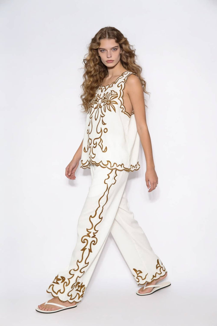 Embroidered Scalloped Sleeveless Top