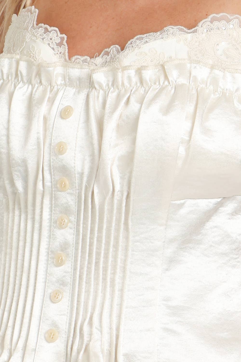 Glossy Embroidered Pleats Crop Camisole