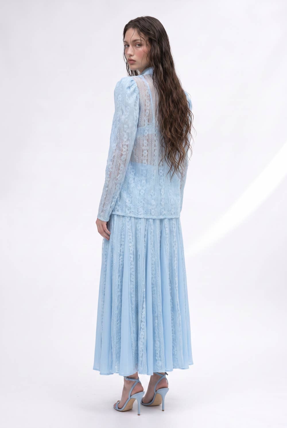 Lace Inset Button Front Blouse And Pleated Maxi Skirt Set