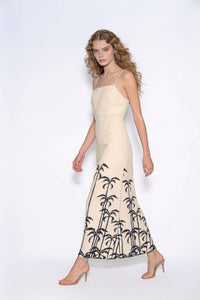 Palm Embroidered Open-Back Tie Maxi Dress