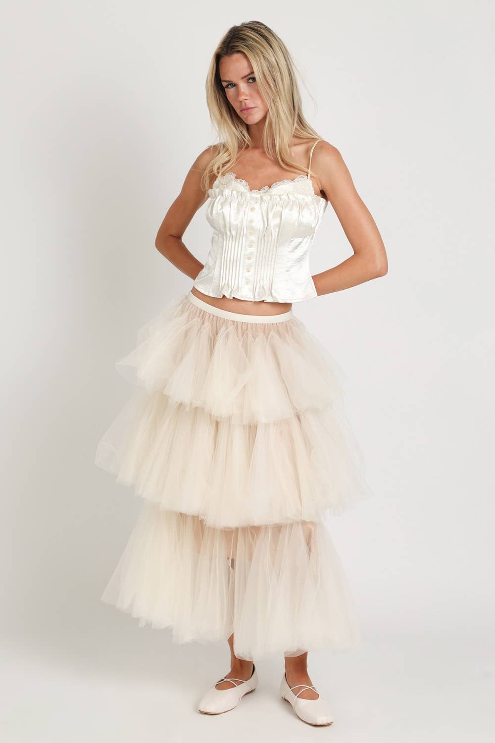 Glossy Embroidered Pleats Crop Camisole