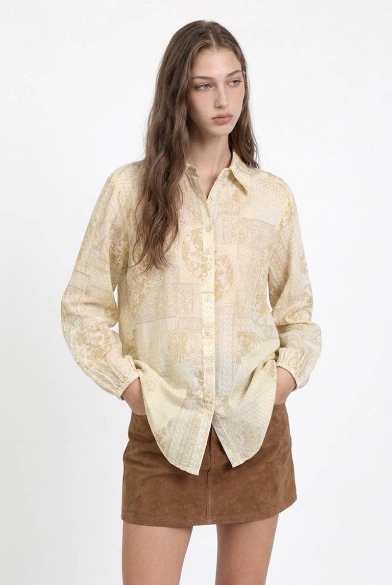 Multi-Print Sheer Button Up Shirt