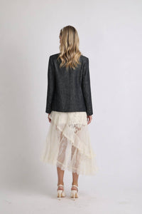 Collarless Contrast Stitched Textured Woven Blazer