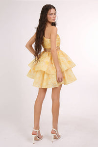 One Shoulder Caged Waist Floral Organza Mini Dress