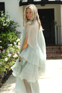 Pleated Sheer Tie Neck Top And Tiered Maxi Skirt Set