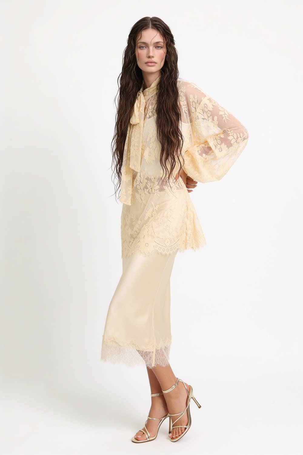 Sheer Floral Lace Tie Neck Oversized Blouse