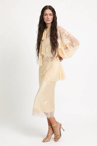 Sheer Floral Lace Tie Neck Oversized Blouse
