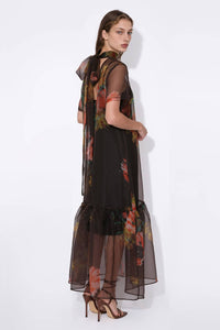 Floral Print Sheer Organza Tie Neck Maxi Dress