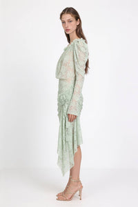 Rosette Detail Ruched Lace Asymmetric Midi Dress
