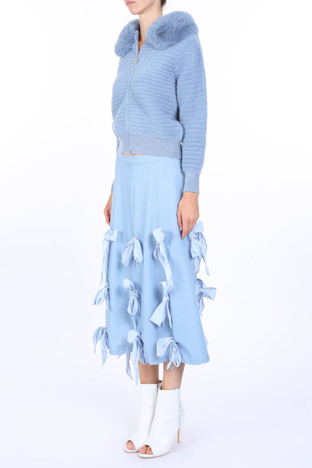 Multi Ribbon Tie Applique A-Line Midi Skirt