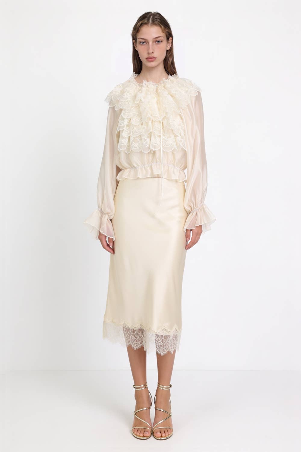 Lace Embroidered Organza Ruffle Blouse