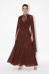 Crystal Embellished Draped Cape Gown