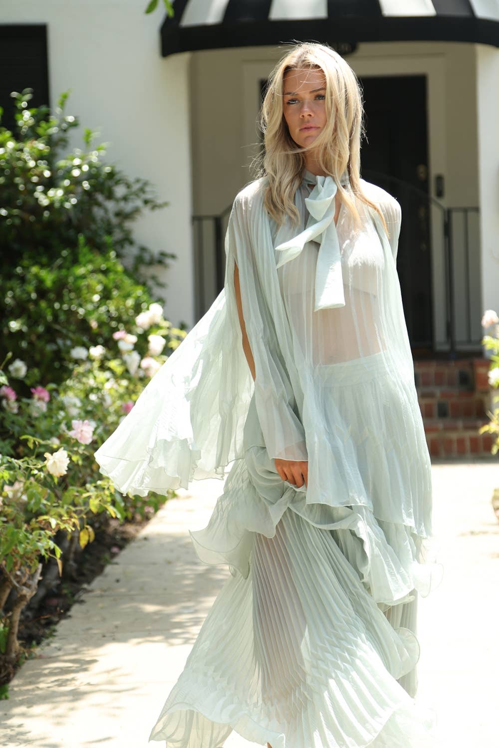 Pleated Sheer Tie Neck Top And Tiered Maxi Skirt Set