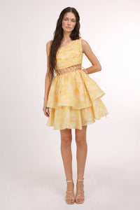 One Shoulder Caged Waist Floral Organza Mini Dress