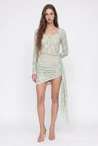 Rosette Detail Ruched Lace Asymmetric Midi Dress