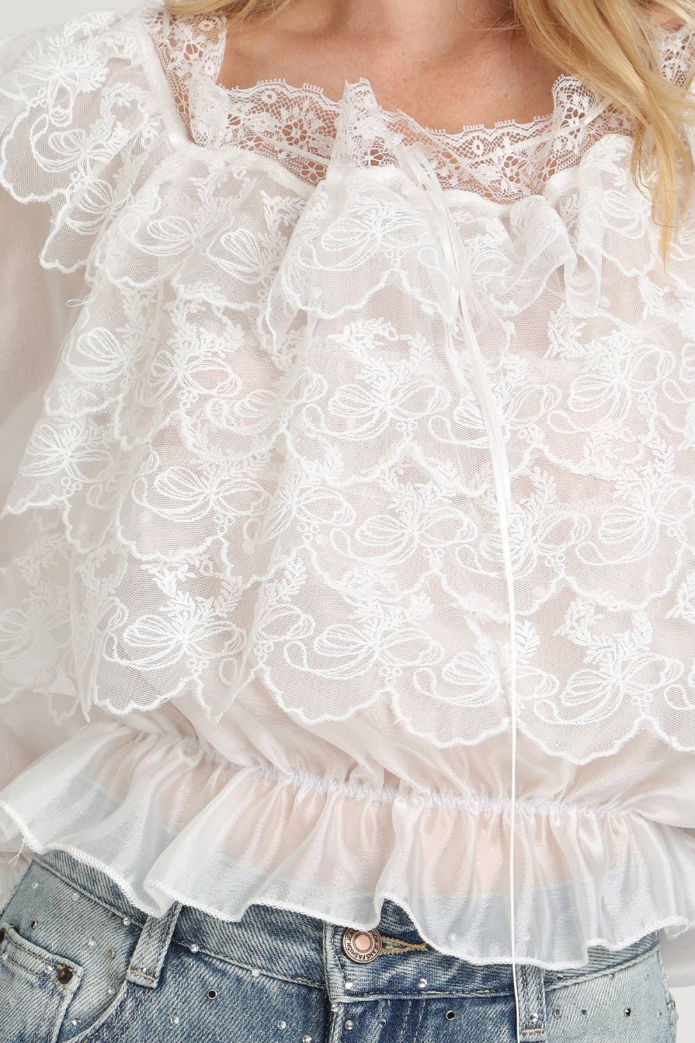 Lace Embroidered Organza Ruffle Crop Top