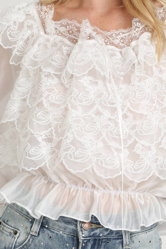 Lace Embroidered Organza Ruffle Crop Top
