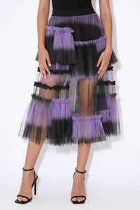 Gradient Asymmetric Tiered Tulle Midi Skirt