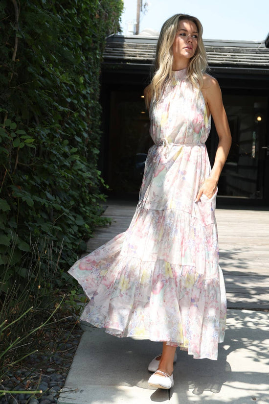 Botanical Floral Tiered High-Neck Maxi Dress