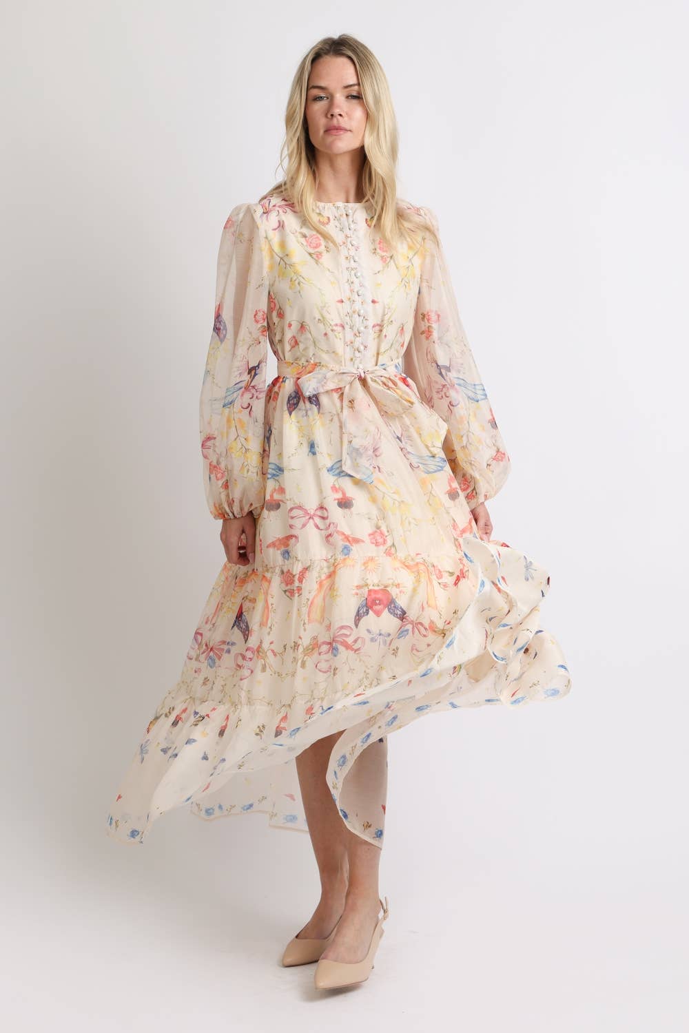 Floral Print Belted Tiered Maxi Dress