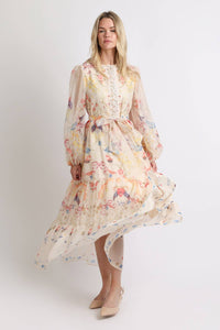 Floral Print Belted Tiered Maxi Dress