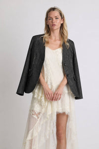 Collarless Contrast Stitched Textured Woven Blazer