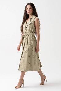 Floral Cutout Belted Sleeveless Trench Coat