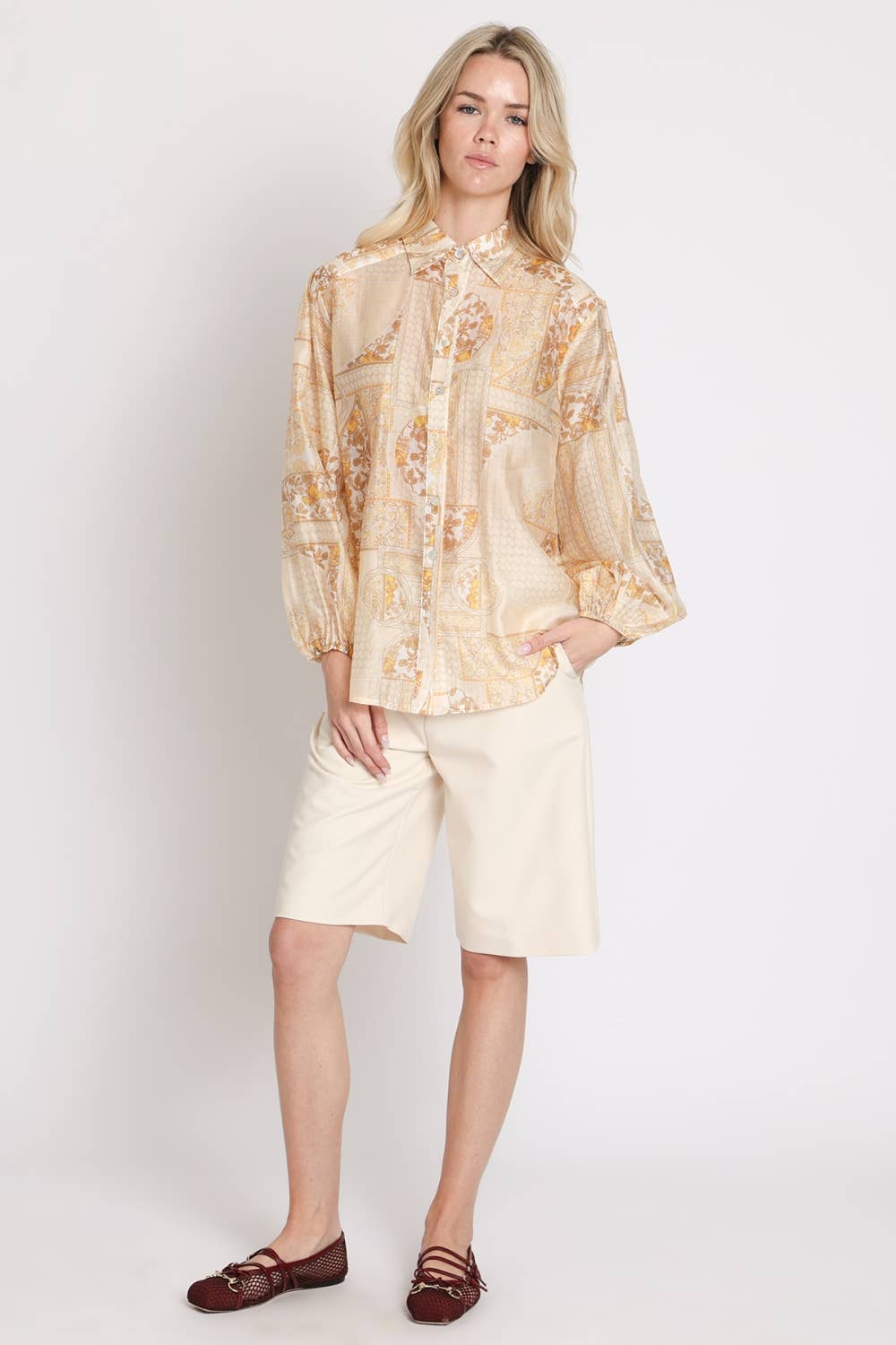 Multi-Print Sheer Button Up Shirt