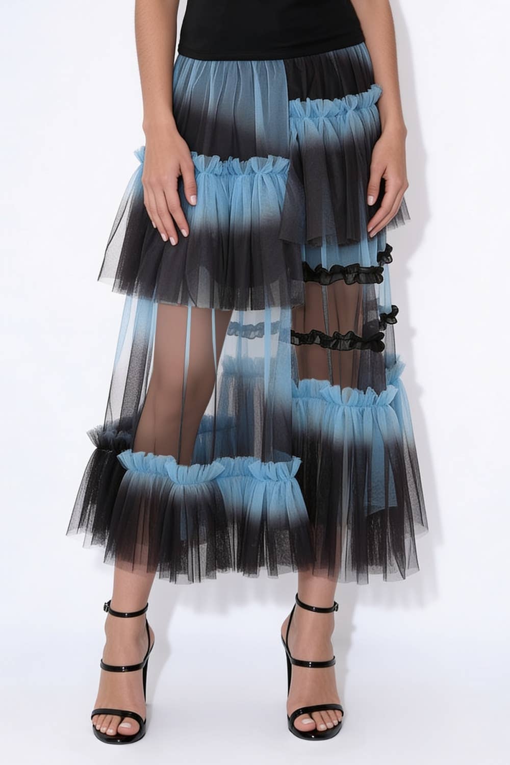 Gradient Asymmetric Tiered Tulle Midi Skirt
