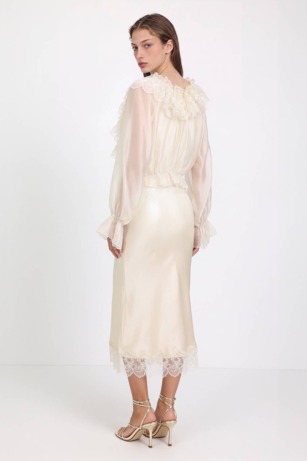 Lace Embroidered Organza Ruffle Blouse