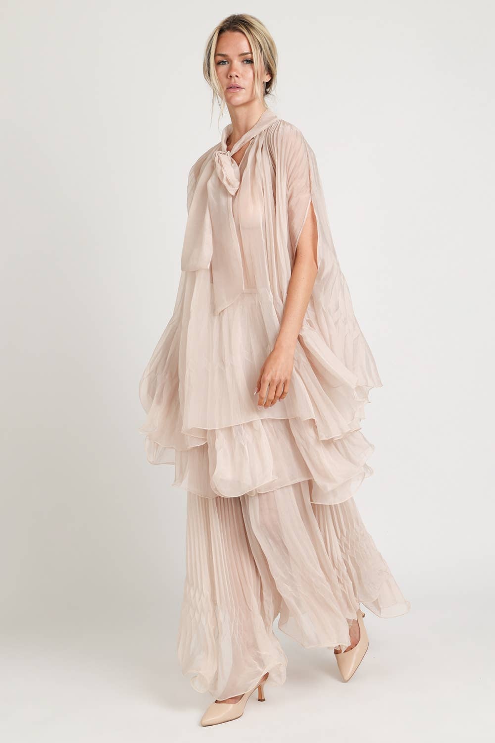 Pleated Sheer Tie Neck Top And Tiered Maxi Skirt Set