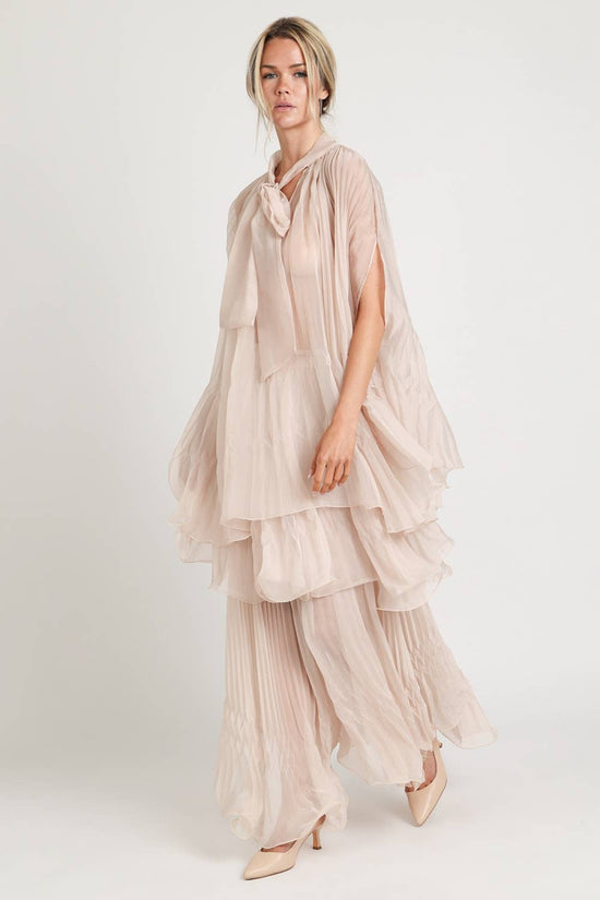 Pleated Sheer Tie Neck Top And Tiered Maxi Skirt Set
