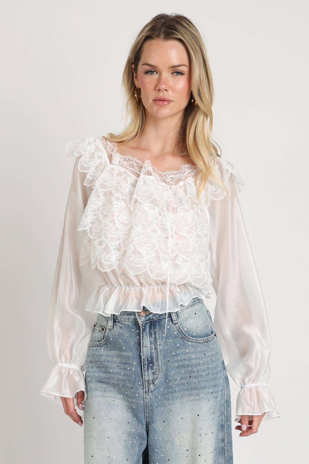Lace Embroidered Organza Ruffle Crop Top