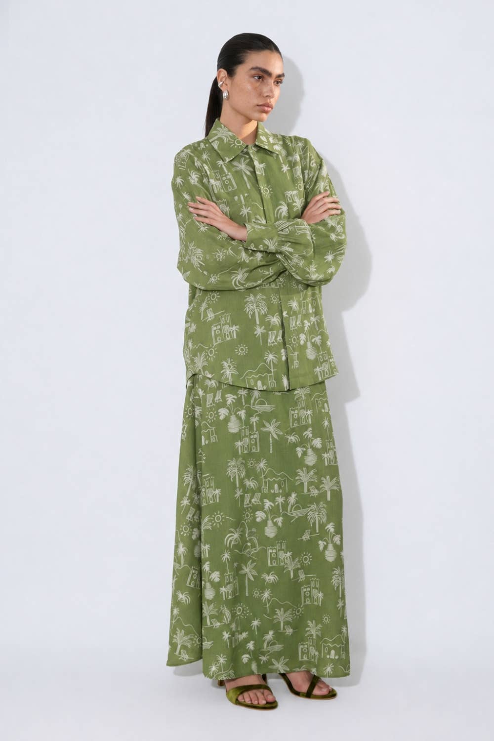 Coastal Illustrated Button Front Long Sleeve Blouse