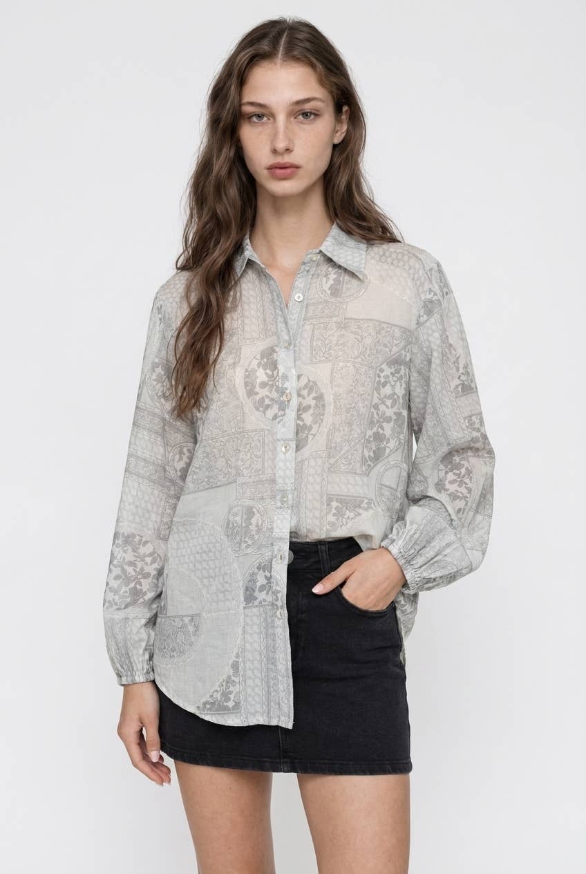 Multi-Print Sheer Button Up Shirt