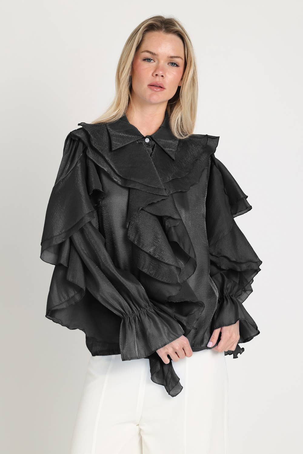 Shimmer Organza Voluminous Ruffled Blouse