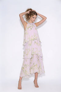 Rosette Neckline Floral Tiered Maxi Dress