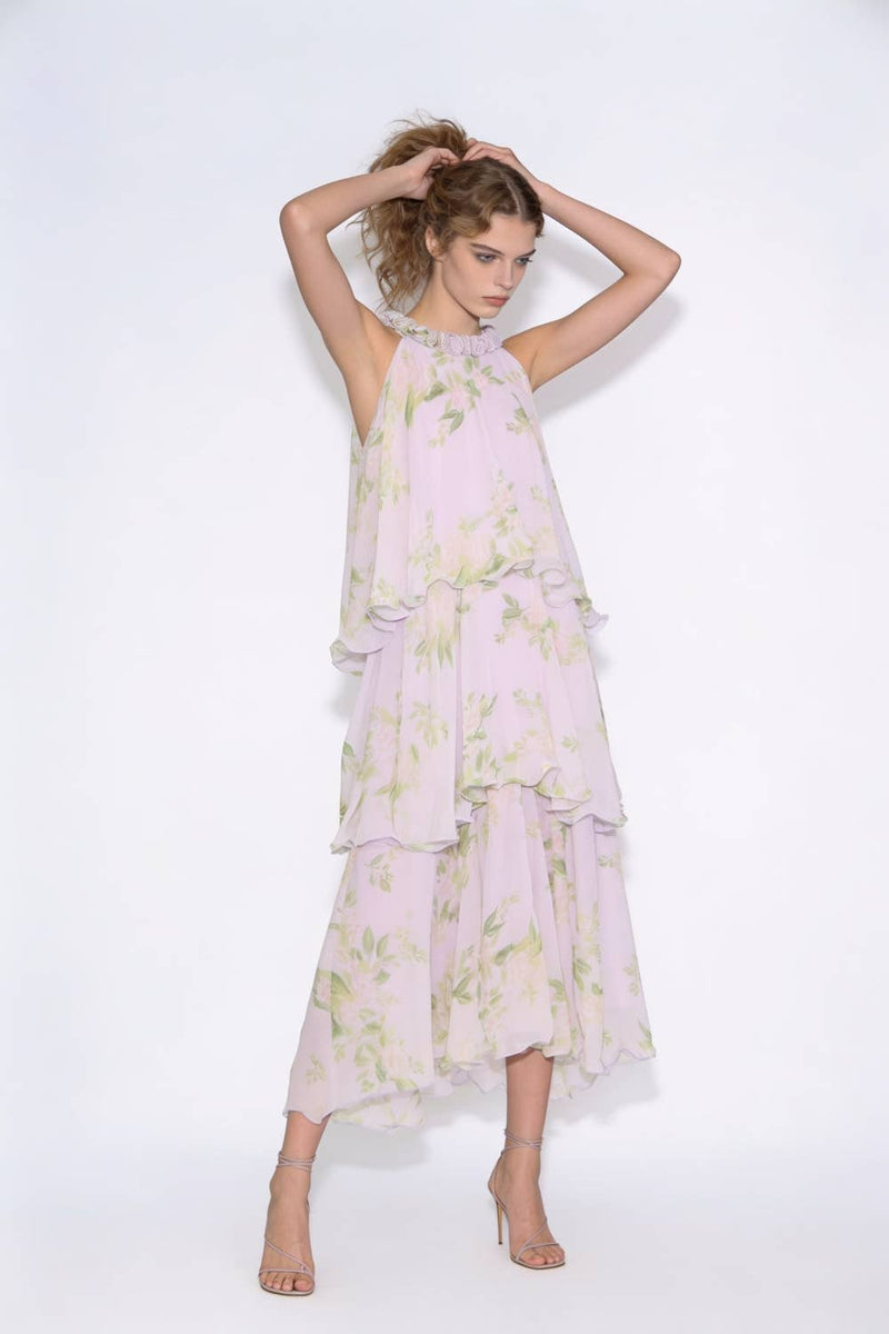 Rosette Neckline Floral Tiered Maxi Dress