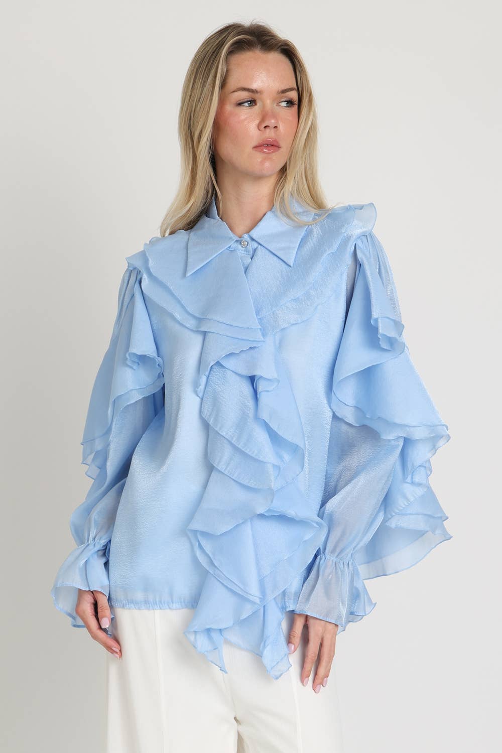 Shimmer Organza Voluminous Ruffled Blouse